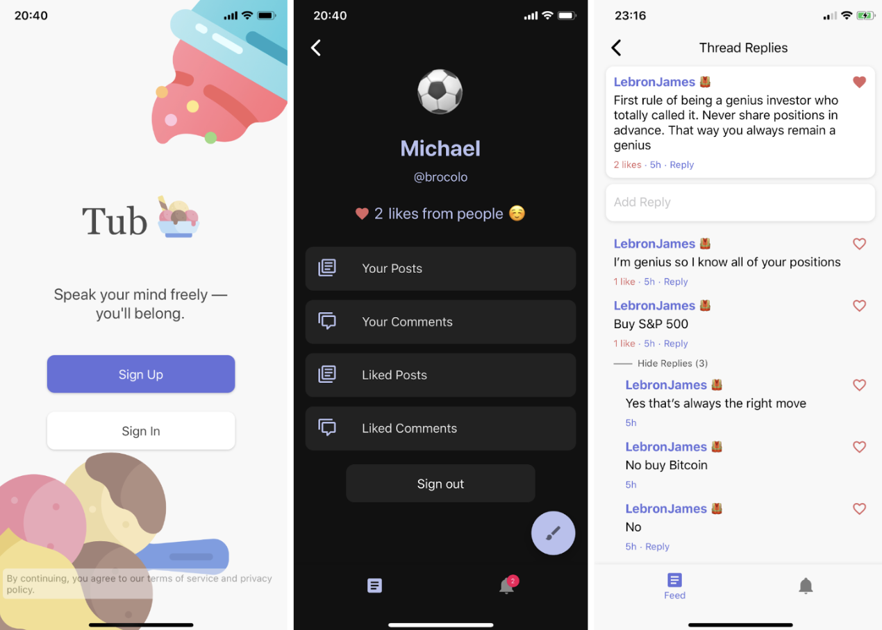 Tub, a social app built by Emerson and Morris as college-aged first-time founders in 2019